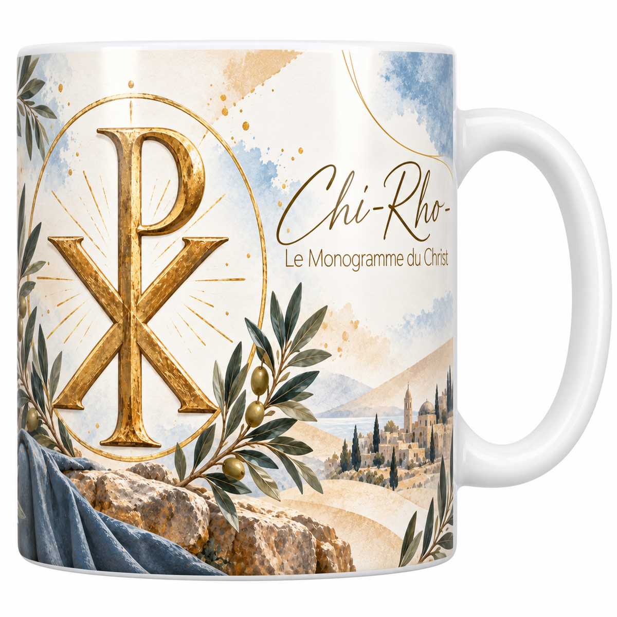 Mug céramique blanche 330 ml illustré du monogramme Chi-Rho en lettres d'or dans un cercle rayonnant, avec des rameaux d'olivier, une étoffe bleue sur les rochers et un paysage de collines au loin, et le titre Chi-Rho, le Monogramme du Christ en lettres dorées
