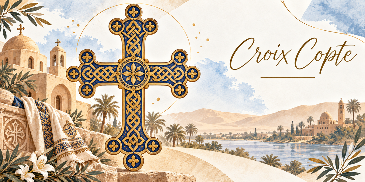 Illustration à l'aquarelle d'une grande croix aux branches égales ornée d'entrelacs dorés sur fond bleu nuit, bordée d'or et terminée par des fleurons, un disque sculpté d'une fleur en son centre, inscrite dans un cercle doré, un monastère de pierre claire à coupoles et clocheton surmontés de croix, une étoffe brodée de motifs géométriques bleus et or pliée sur la pierre, des lys blancs, des palmiers dattiers, le Nil et les collines du désert au loin, avec le titre Croix Copte en lettres dorées