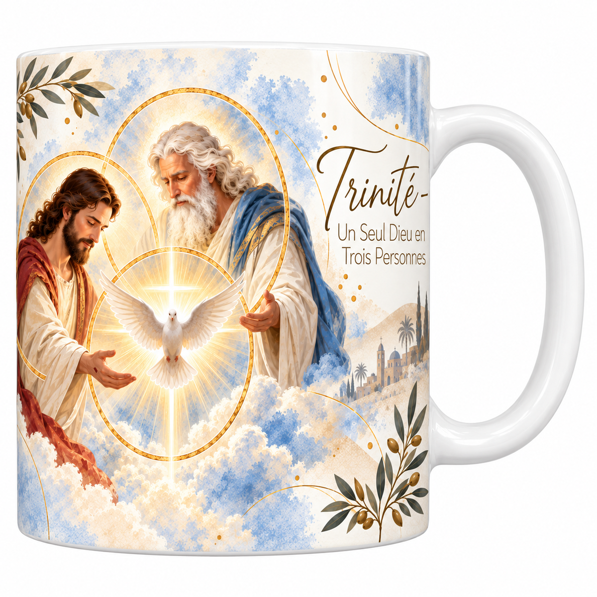 Mug céramique blanche 330 ml illustré du Christ et du Père de part et d'autre de trois anneaux d'or entrelacés, avec la colombe de l'Esprit devant une croix de lumière au centre, et le titre Trinité, Un Seul Dieu en Trois Personnes en lettres dorées