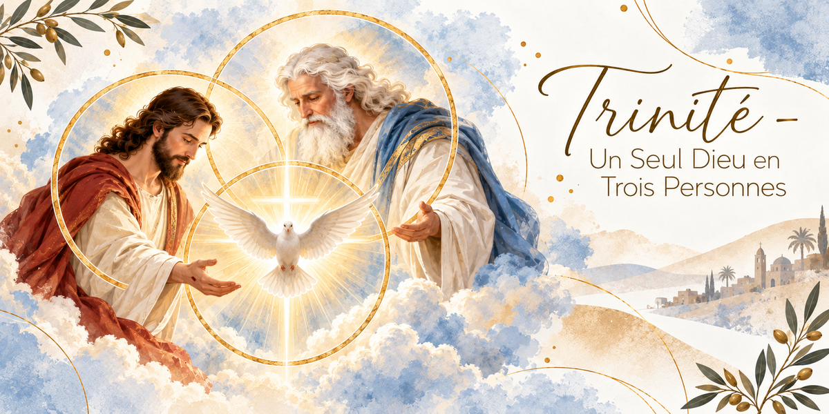 Illustration à l'aquarelle de trois grands anneaux d'or entrelacés sur un ciel de nuages bleus et blancs, le Christ aux cheveux bruns en tunique claire et manteau rouge à gauche la main ouverte, Dieu le Père en vieillard à longue barbe blanche, tunique claire et manteau bleu à droite la main tendue, tous deux nimbés d'or, et au centre une colombe blanche aux ailes déployées rayonnant de lumière devant une croix lumineuse, avec le titre Trinité, Un Seul Dieu en Trois Personnes en lettres dorées