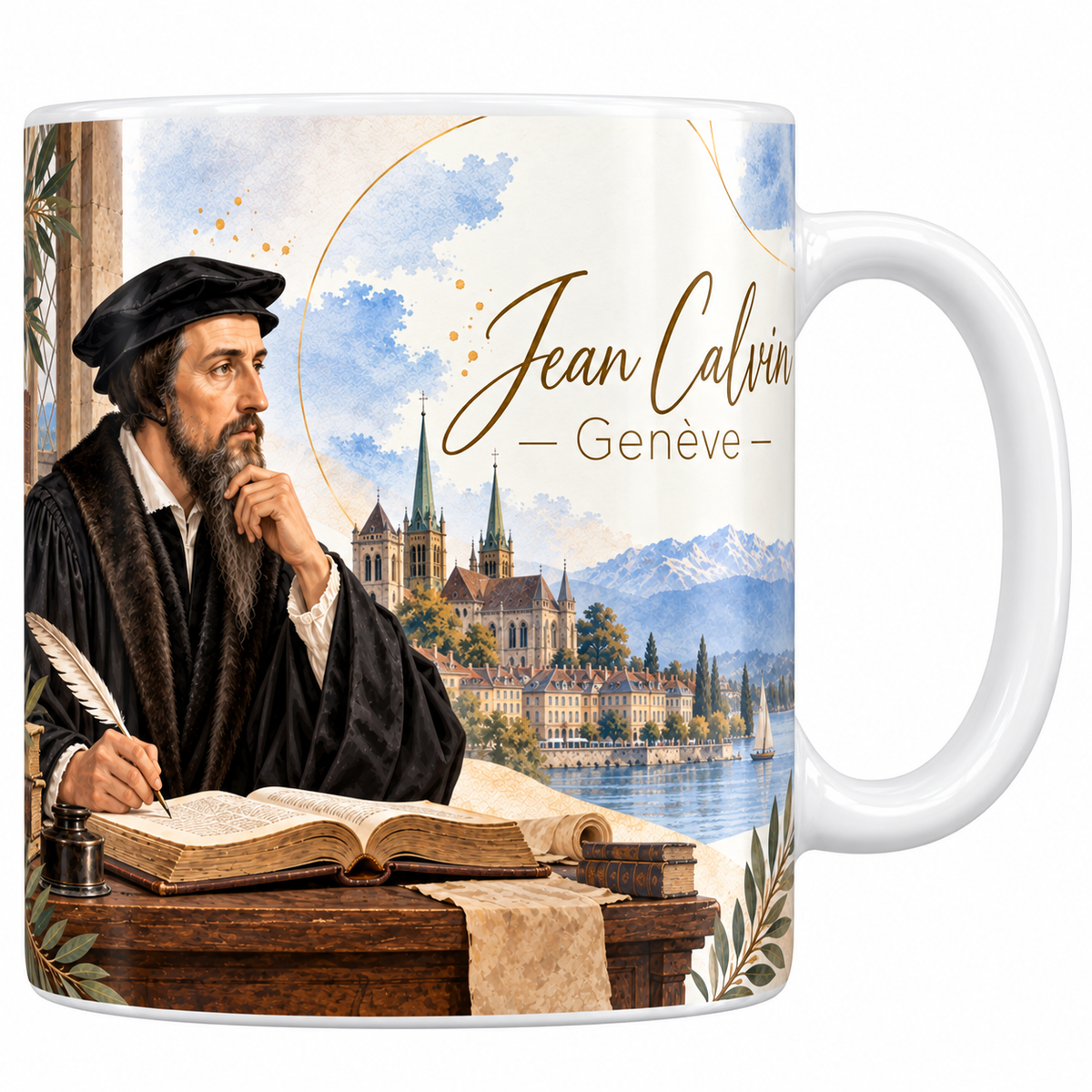 Mug céramique blanche 330 ml illustré de Jean Calvin au bonnet carré noir écrivant à la plume devant un grand livre ouvert, avec la cathédrale Saint-Pierre, le lac Léman et les Alpes au loin, et le titre Jean Calvin, Genève en lettres dorées
