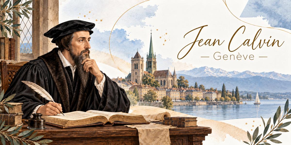 Illustration à l'aquarelle d'un homme au visage maigre et à la longue barbe brune, coiffé d'un bonnet carré noir et vêtu d'une robe noire bordée de fourrure, assis à une table de bois devant un grand livre ouvert, tenant une plume d'oie et le menton appuyé sur l'autre main, un encrier, des parchemins roulés et des ouvrages empilés, une fenêtre à meneaux à sa gauche, et au loin la cathédrale Saint-Pierre de Genève, le lac et les Alpes enneigées, avec le titre Jean Calvin, Genève en lettres dorées