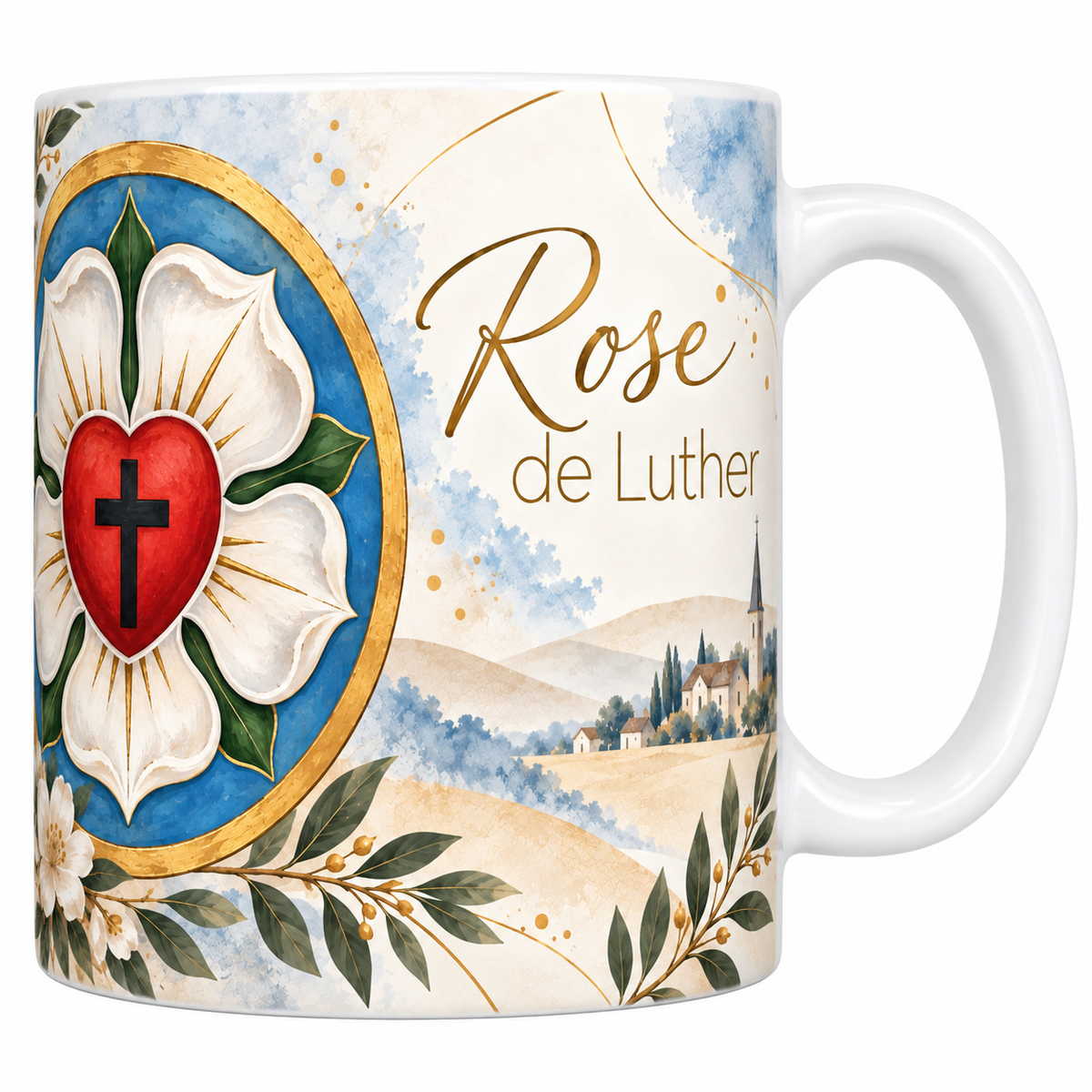 Mug céramique blanche 330 ml illustré du sceau de Luther, croix noire dans un coeur rouge sur une rose blanche en champ bleu cerclé d'or, avec des rameaux d'olivier et un village à clocher au loin, et le titre Rose de Luther en lettres dorées