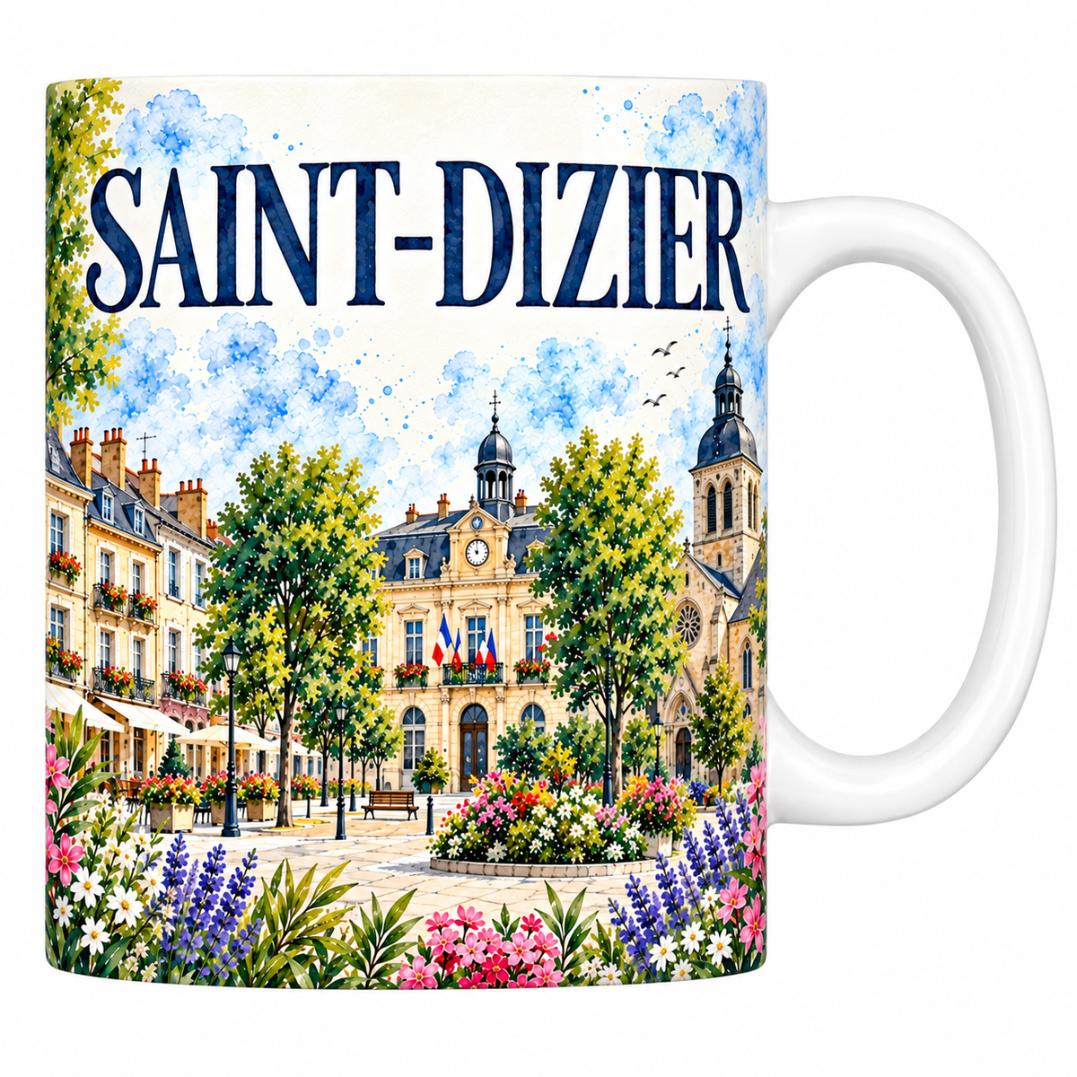 Mug céramique 330 ml Saint-Dizier : l'hôtel de ville, le clocher de Notre-Dame et la place fleurie en aquarelle