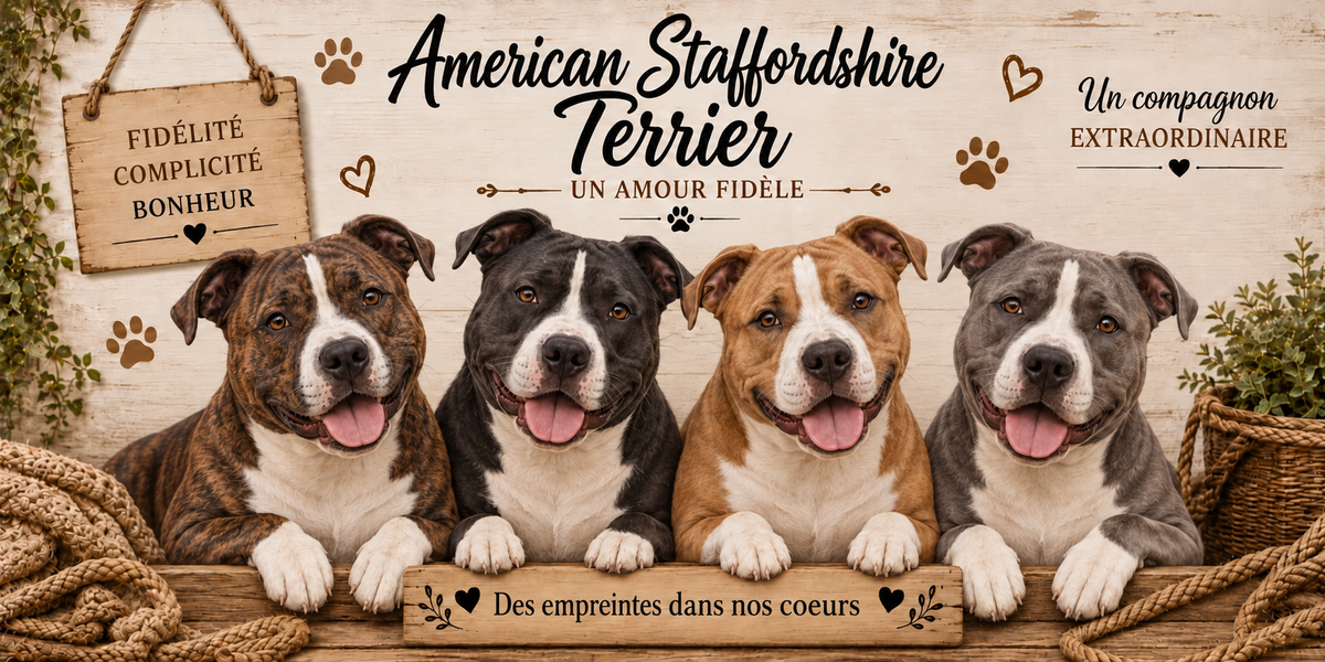 Illustration aquarelle American staffordshire terrier : quatre chiens au museau large et au poitrail puissant, robes bringée, noire et blanche tachetée, alignés derrière une planche de bois gravée Des empreintes dans nos coeurs, une pancarte suspendue à une corde portant Fidélité Complicité Bonheur, le nom de la race en cursive noire, des empreintes et des coeurs bruns, un plaid tressé et du feuillage sur fond de bois clair