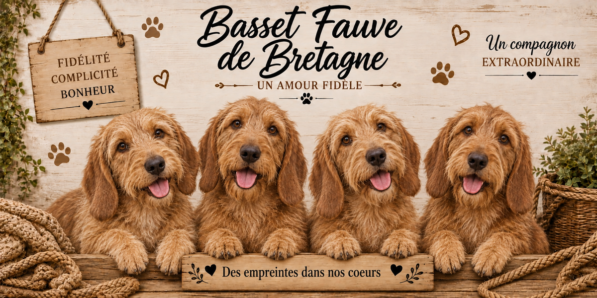 Illustration aquarelle Basset fauve de Bretagne : quatre chiens au poil dur couleur blé mûr, oreilles tombantes et pattes courtes, alignés derrière une planche de bois gravée Des empreintes dans nos coeurs, une pancarte suspendue à une corde portant Fidélité Complicité Bonheur, le nom de la race en cursive noire, des empreintes et des coeurs bruns, un plaid tressé, un panier d'osier et du feuillage sur fond de bois clair
