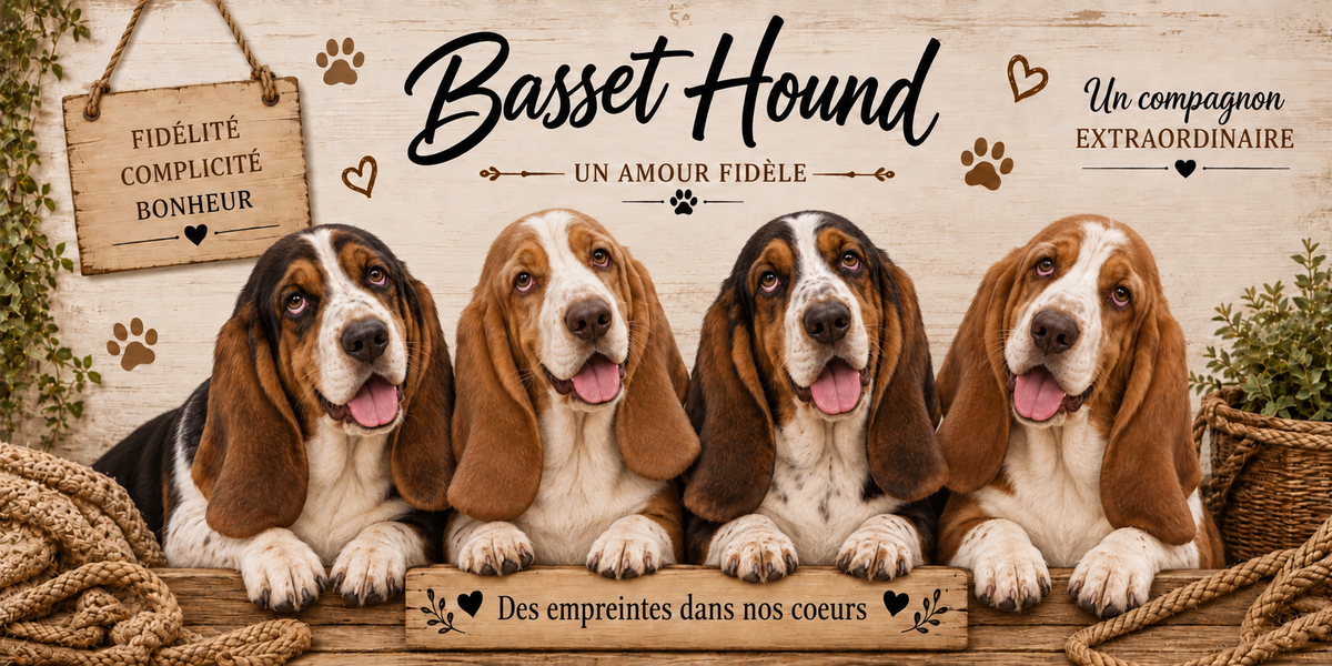 Illustration aquarelle Basset hound : quatre chiens tricolores aux oreilles démesurées, yeux tombants et pattes courtes, alignés derrière une planche de bois gravée Des empreintes dans nos coeurs, une pancarte suspendue à une corde portant Fidélité Complicité Bonheur, le nom de la race en cursive noire, des empreintes et des coeurs bruns, un plaid tressé, un panier d'osier et du feuillage sur fond de bois clair