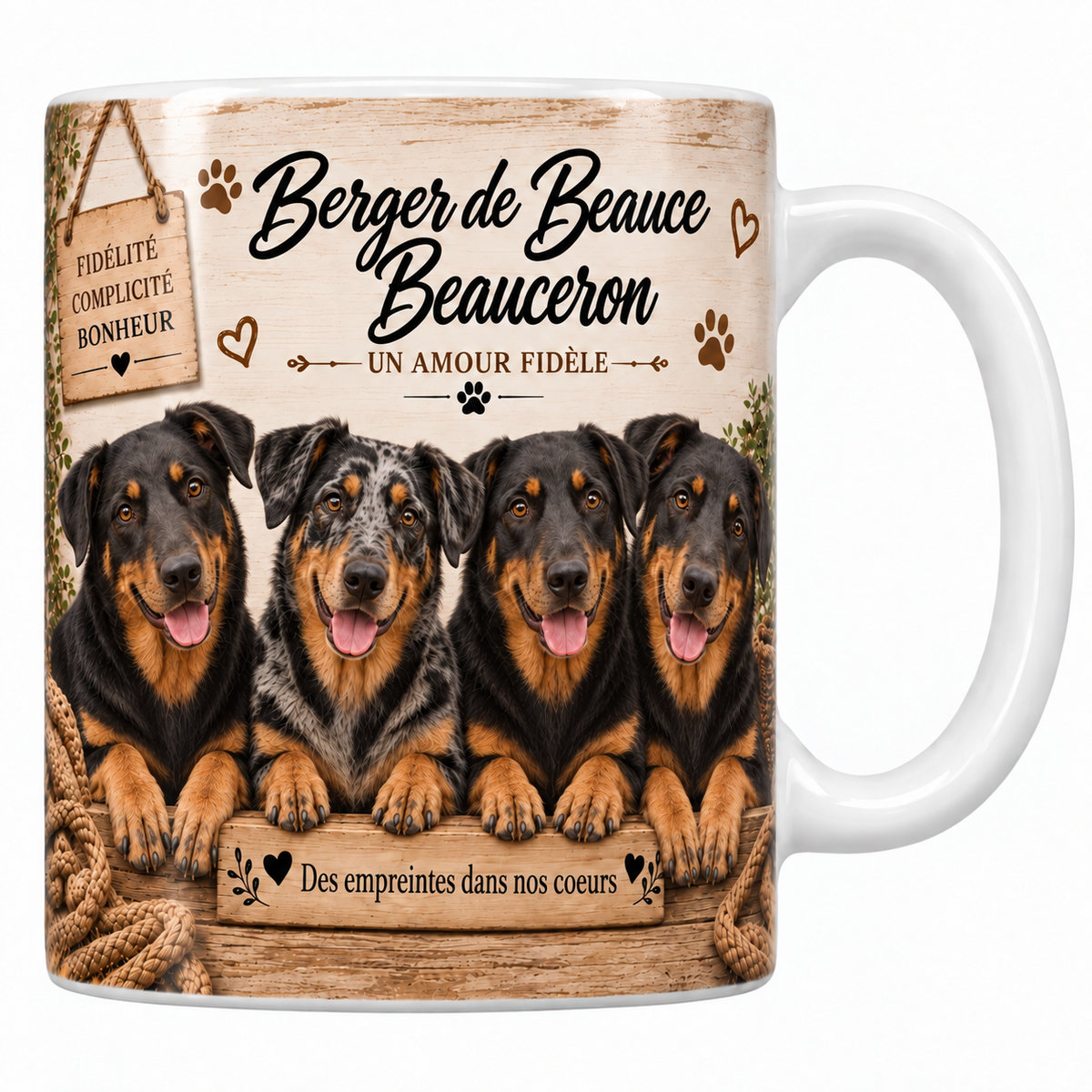 Mug blanc Beauceron aquarelle : quatre chiens noir et feu aux oreilles droites alignés derrière une planche de bois gravée, pancarte Fidélité Complicité Bonheur, plaid tressé et panier d'osier
