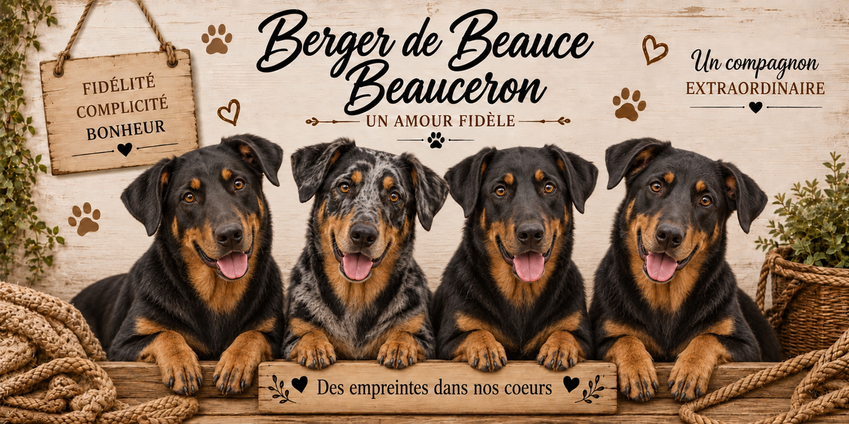 Illustration aquarelle Beauceron : quatre chiens à robe noire marquée de feu, oreilles droites et regard franc, alignés derrière une planche de bois gravée Des empreintes dans nos coeurs, une pancarte suspendue à une corde portant Fidélité Complicité Bonheur, le nom de la race en cursive noire, des empreintes et des coeurs bruns, un plaid tressé, un panier d'osier et du feuillage sur fond de bois clair