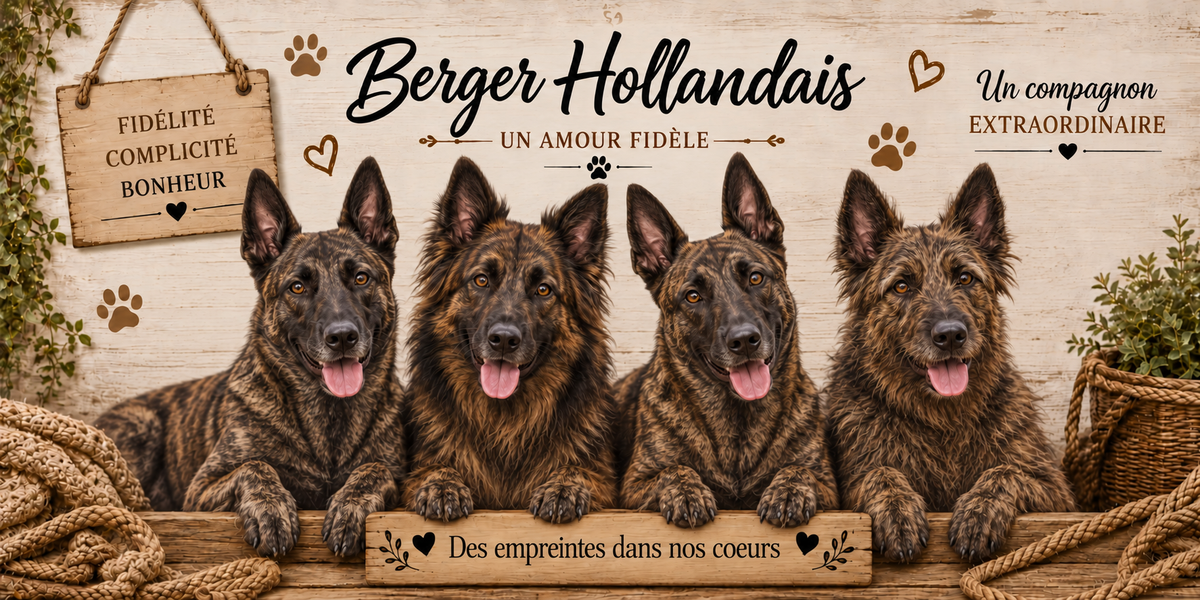 Illustration aquarelle Berger hollandais : quatre chiens à robe bringée fauve et grise, masque sombre et oreilles droites, alignés derrière une planche de bois gravée Des empreintes dans nos coeurs, une pancarte suspendue à une corde portant Fidélité Complicité Bonheur, le nom de la race en cursive noire, des empreintes et des coeurs bruns, un plaid tressé, un panier d'osier et du feuillage sur fond de bois clair