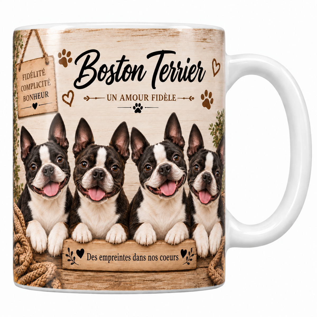 Mug blanc Boston terrier aquarelle : quatre chiens noir et blanc aux grands yeux ronds et oreilles droites derrière une planche de bois gravée, pancarte Fidélité Complicité Bonheur et panier d'osier
