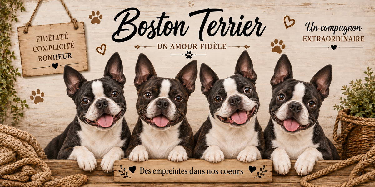 Illustration aquarelle Boston terrier : quatre chiens à robe noire et blanche en smoking, oreilles droites, museau court et grands yeux ronds, alignés derrière une planche de bois gravée Des empreintes dans nos coeurs, une pancarte suspendue à une corde portant Fidélité Complicité Bonheur, le nom de la race en cursive noire, des empreintes et des coeurs bruns, un plaid tressé, un panier d'osier et du feuillage sur fond de bois clair