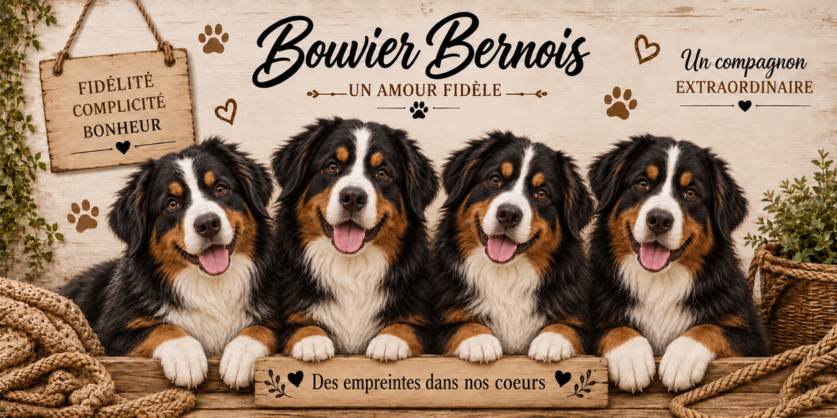 Illustration aquarelle Bouvier bernois : quatre chiens à robe tricolore noire, rousse et blanche, croix blanche sur le poitrail et oreilles tombantes, alignés derrière une planche de bois gravée Des empreintes dans nos coeurs, une pancarte suspendue à une corde portant Fidélité Complicité Bonheur, le nom de la race en cursive noire, des empreintes et des coeurs bruns, un plaid tressé et du feuillage sur fond de bois clair