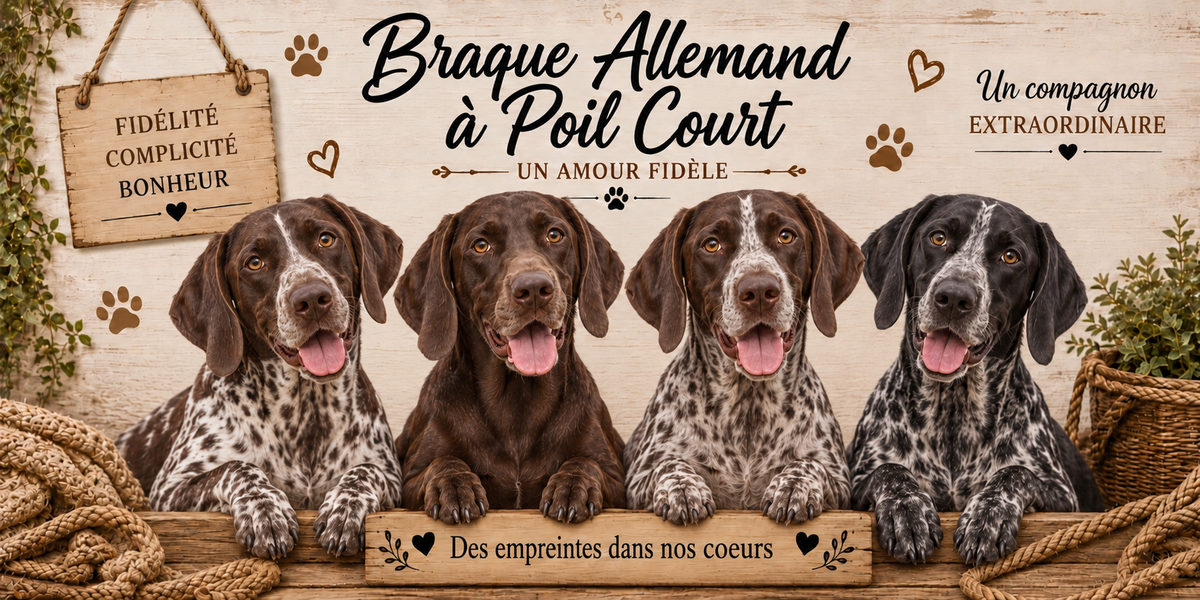 Illustration aquarelle Braque allemand à poil court : quatre chiens à robe marron truitée de blanc, oreilles tombantes et museau fin, alignés derrière une planche de bois gravée Des empreintes dans nos coeurs, une pancarte suspendue à une corde portant Fidélité Complicité Bonheur, le nom de la race en cursive noire, des empreintes et des coeurs bruns, un plaid tressé et du feuillage sur fond de bois clair