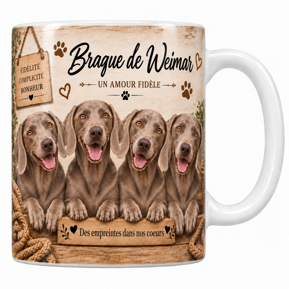Mug blanc Braque de Weimar aquarelle : quatre chiens gris argenté aux yeux ambrés et longues oreilles derrière une planche de bois gravée, pancarte Fidélité Complicité Bonheur et panier d'osier