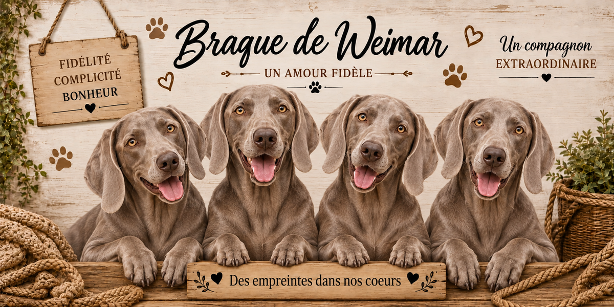 Illustration aquarelle Braque de Weimar : quatre chiens à robe gris argenté uniforme, longues oreilles tombantes et yeux ambrés, alignés derrière une planche de bois gravée Des empreintes dans nos coeurs, une pancarte suspendue à une corde portant Fidélité Complicité Bonheur, le nom de la race en cursive noire, des empreintes et des coeurs bruns, un plaid tressé, un panier d'osier et du feuillage sur fond de bois clair