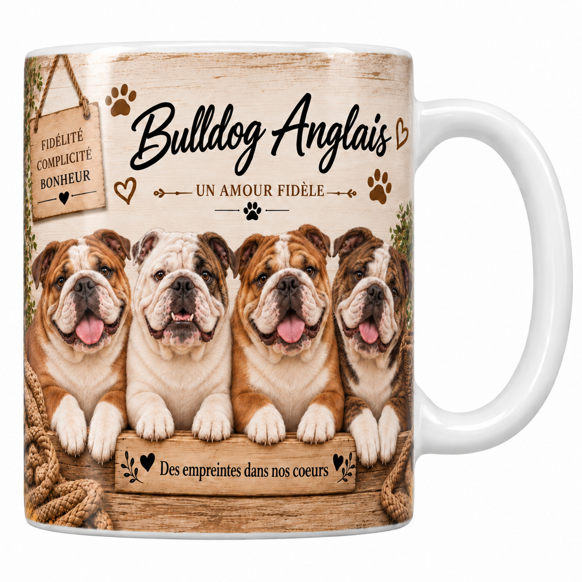 Mug blanc Bulldog anglais aquarelle : quatre chiens au museau plissé, robes fauve et blanche, derrière une planche de bois gravée, pancarte Fidélité Complicité Bonheur et panier d'osier