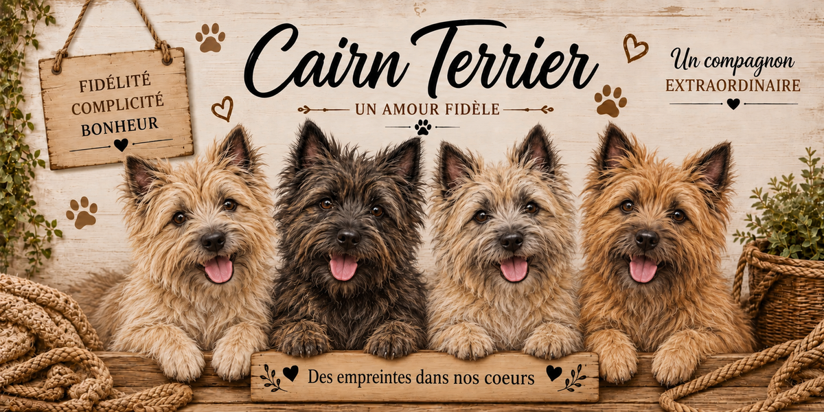Illustration aquarelle Cairn terrier : quatre petits chiens au poil dur ébouriffé, nuances de froment, de gris et de brun, petites oreilles pointues dressées, alignés derrière une planche de bois gravée Des empreintes dans nos coeurs, une pancarte suspendue à une corde portant Fidélité Complicité Bonheur, le nom de la race en cursive noire, des empreintes et des coeurs bruns, un plaid tressé et du feuillage sur fond de bois clair