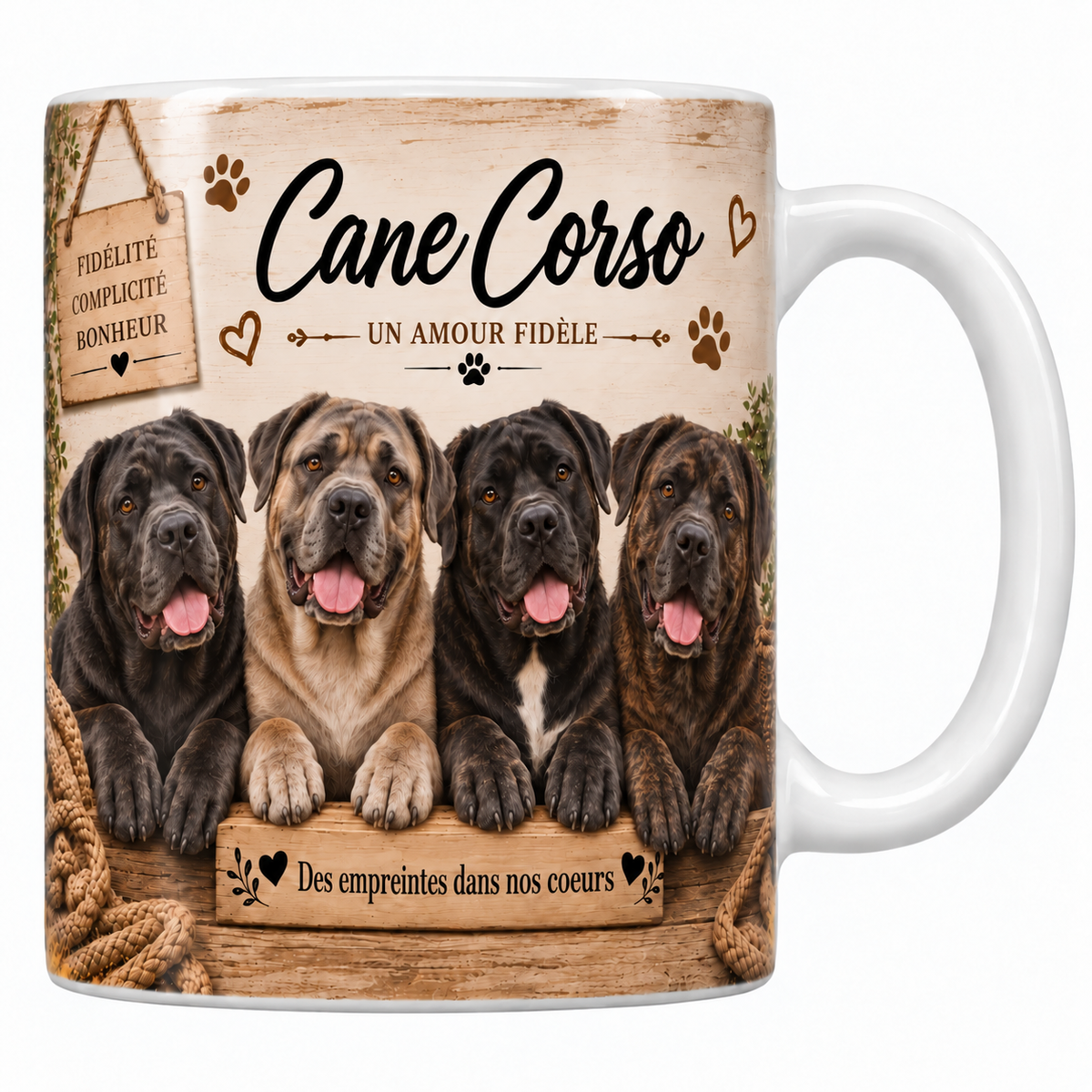 Mug blanc Cane corso aquarelle : quatre chiens noirs, gris et fauves au masque sombre derrière une planche de bois gravée, pancarte Fidélité Complicité Bonheur et panier d'osier