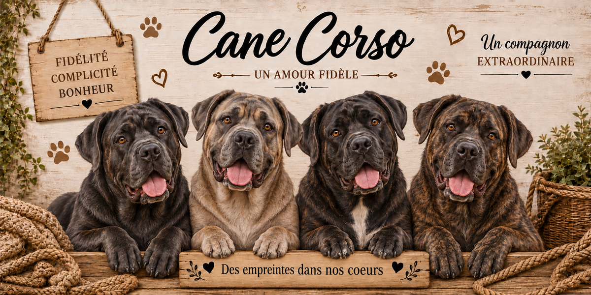 Illustration aquarelle Cane corso : quatre chiens à robes noire, grise et fauve, masque sombre, museau large et poitrail puissant, alignés derrière une planche de bois gravée Des empreintes dans nos coeurs, une pancarte suspendue à une corde portant Fidélité Complicité Bonheur, le nom de la race en cursive noire, des empreintes et des coeurs bruns, un plaid tressé, un panier d'osier et du feuillage sur fond de bois clair