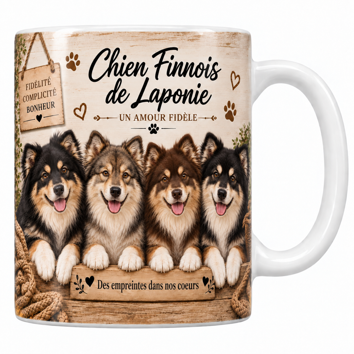 Mug blanc Chien finnois de Laponie aquarelle : quatre chiens à fourrure épaisse noire, fauve et grise derrière une planche de bois gravée, pancarte Fidélité Complicité Bonheur et plaid tressé