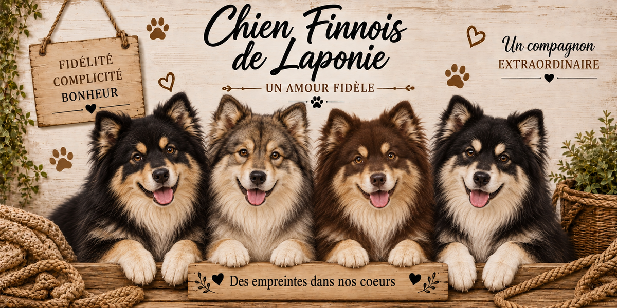 Illustration aquarelle Chien finnois de Laponie : quatre chiens à fourrure épaisse noire, fauve et grise, oreilles dressées arrondies et queue enroulée, alignés derrière une planche de bois gravée Des empreintes dans nos coeurs, une pancarte suspendue à une corde portant Fidélité Complicité Bonheur, le nom de la race en cursive noire, des empreintes et des coeurs bruns, un plaid tressé et du feuillage sur fond de bois clair