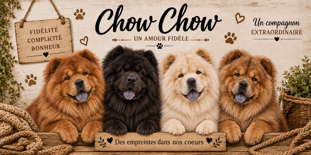 Illustration aquarelle Chow chow : quatre chiens à crinière épaisse rousse et crème, petites oreilles arrondies, museau froncé et allure massive, alignés derrière une planche de bois gravée Des empreintes dans nos coeurs, une pancarte suspendue à une corde portant Fidélité Complicité Bonheur, le nom de la race en cursive noire, des empreintes et des coeurs bruns, un plaid tressé, un panier d'osier et du feuillage sur fond de bois clair