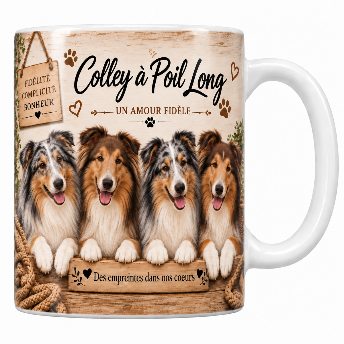 Mug blanc Colley à poil long aquarelle : quatre chiens zibeline et blancs à longue collerette et museau effilé derrière une planche de bois gravée, pancarte Fidélité Complicité Bonheur et plaid tressé