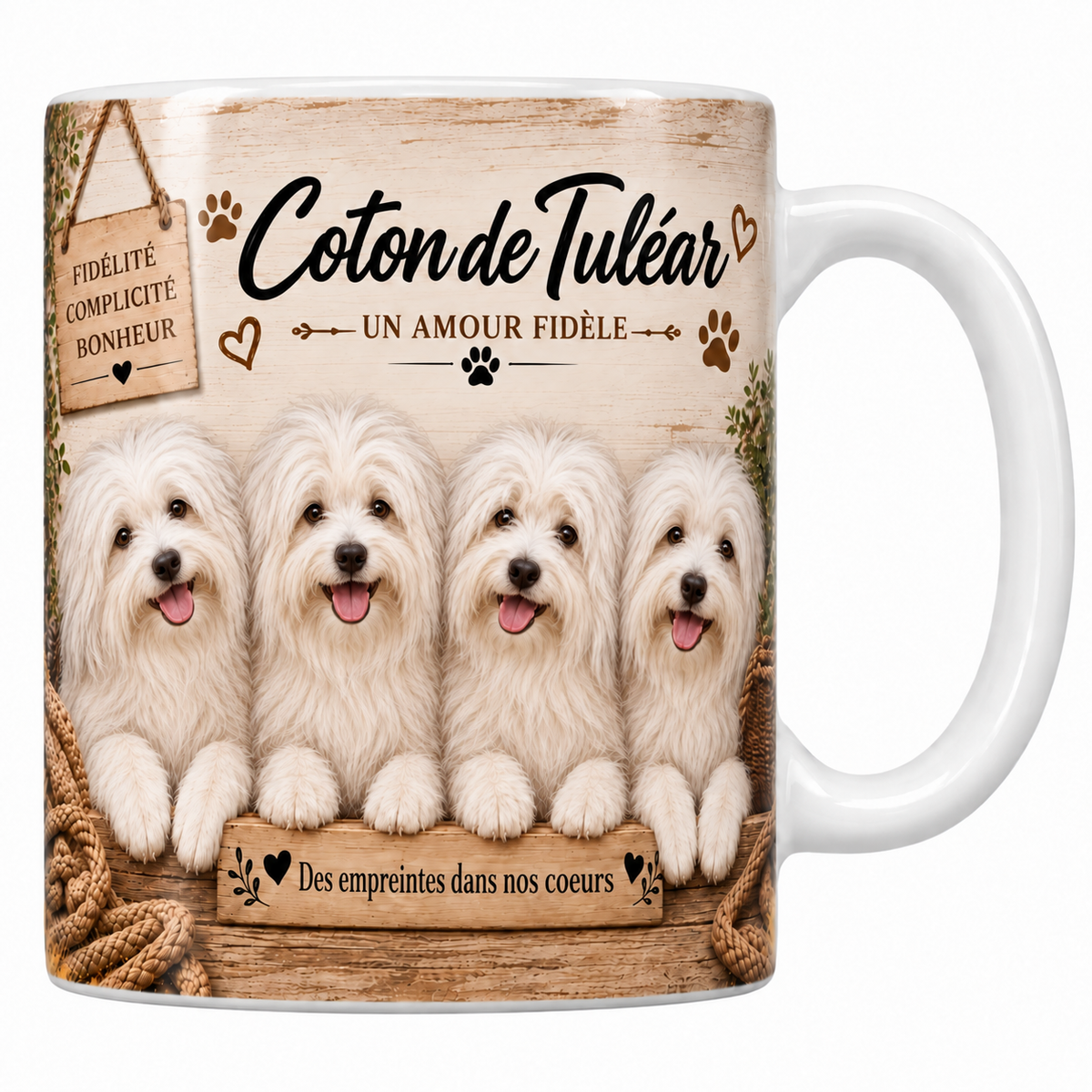 Mug blanc Coton de Tuléar aquarelle : quatre petits chiens au poil blanc cotonneux et au museau noir derrière une planche de bois gravée, pancarte Fidélité Complicité Bonheur et panier d'osier