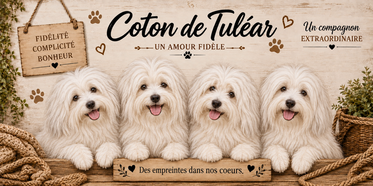 Illustration aquarelle Coton de Tuléar : quatre petits chiens au poil blanc cotonneux et ébouriffé, museaux noirs et yeux sombres, alignés derrière une planche de bois gravée Des empreintes dans nos coeurs, une pancarte suspendue à une corde portant Fidélité Complicité Bonheur, le nom de la race en cursive noire, des empreintes et des coeurs bruns, un plaid tressé, un panier d'osier et du feuillage sur fond de bois clair