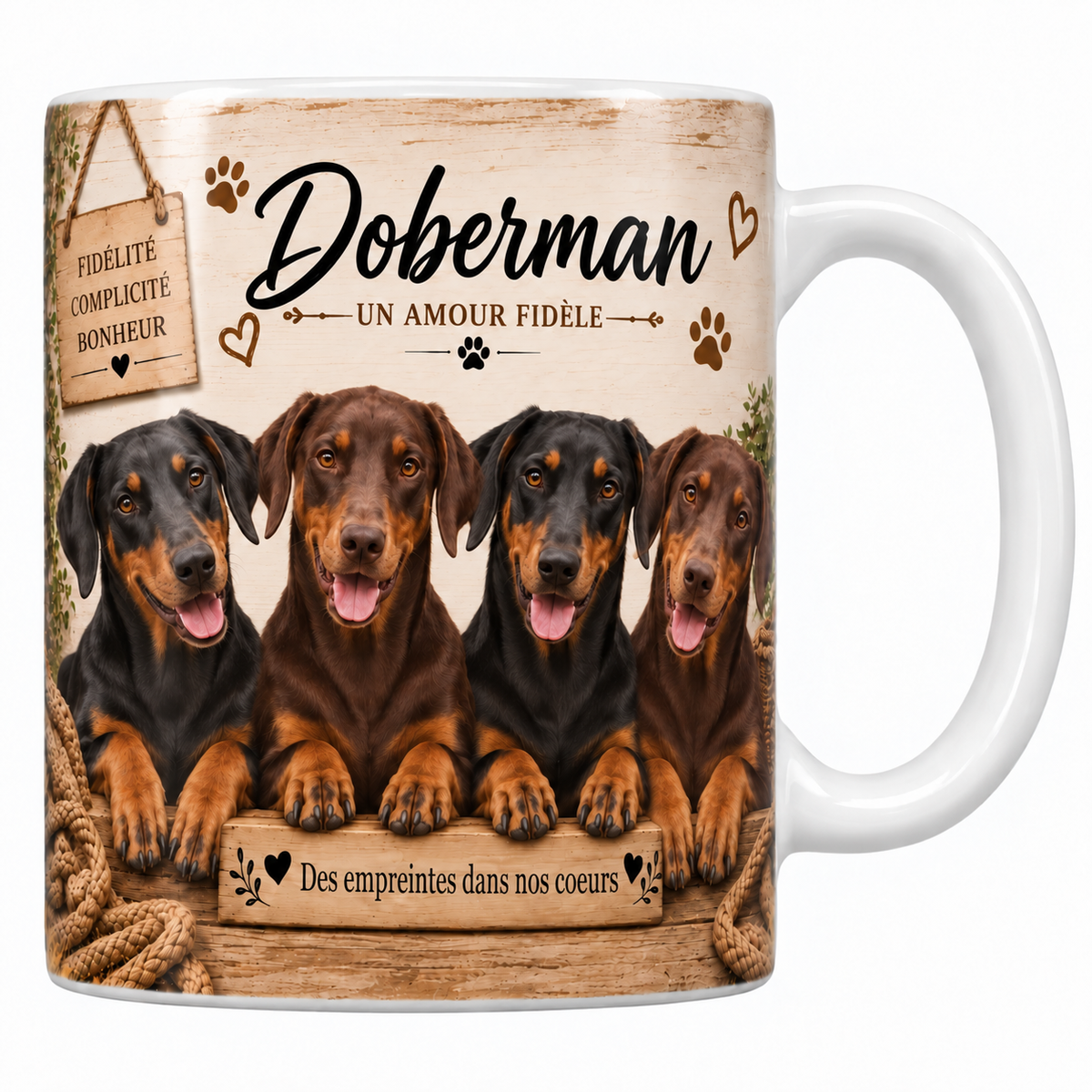 Mug blanc Doberman aquarelle : quatre chiens noir et feu et marron et feu aux oreilles tombantes derrière une planche de bois gravée, pancarte Fidélité Complicité Bonheur et plaid tressé