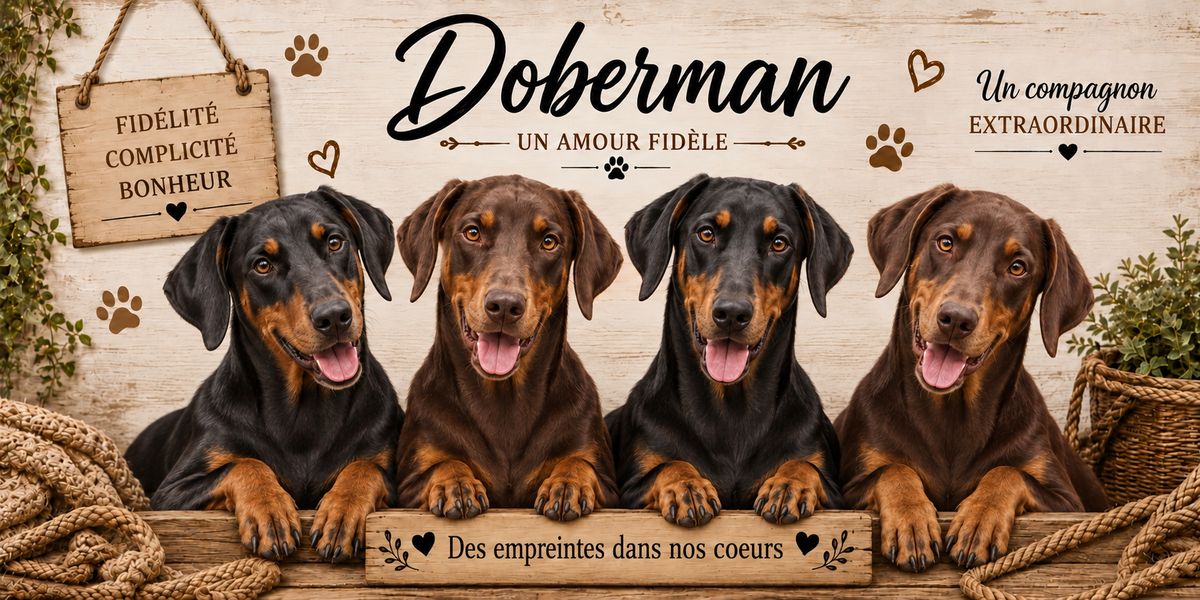 Illustration aquarelle Doberman : quatre chiens à robe noir et feu et marron et feu, oreilles naturelles tombantes, museau fin et silhouette sèche, alignés derrière une planche de bois gravée Des empreintes dans nos coeurs, une pancarte suspendue à une corde portant Fidélité Complicité Bonheur, le nom de la race en cursive noire, des empreintes et des coeurs bruns, un plaid tressé et du feuillage sur fond de bois clair