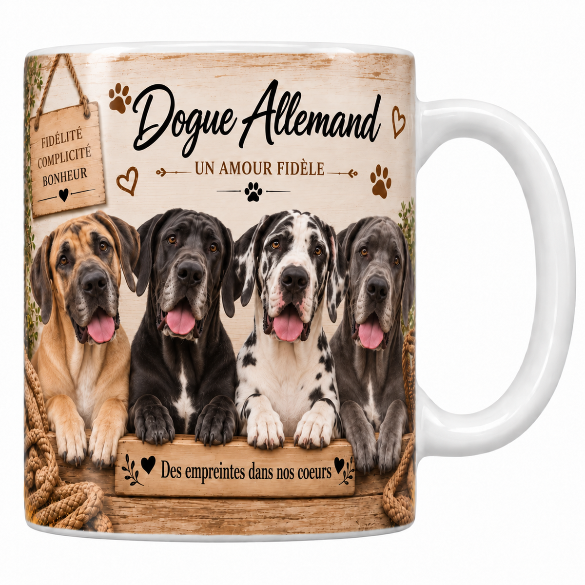 Mug blanc Dogue allemand aquarelle : quatre chiens fauve, bleu, noir et arlequin aux oreilles tombantes derrière une planche de bois gravée, pancarte Fidélité Complicité Bonheur et panier d'osier