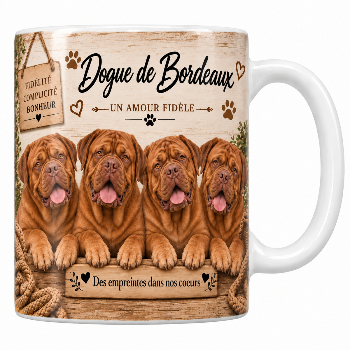 Mug blanc Dogue de Bordeaux aquarelle : quatre chiens acajou à la tête large et plissée derrière une planche de bois gravée, pancarte Fidélité Complicité Bonheur et plaid tressé