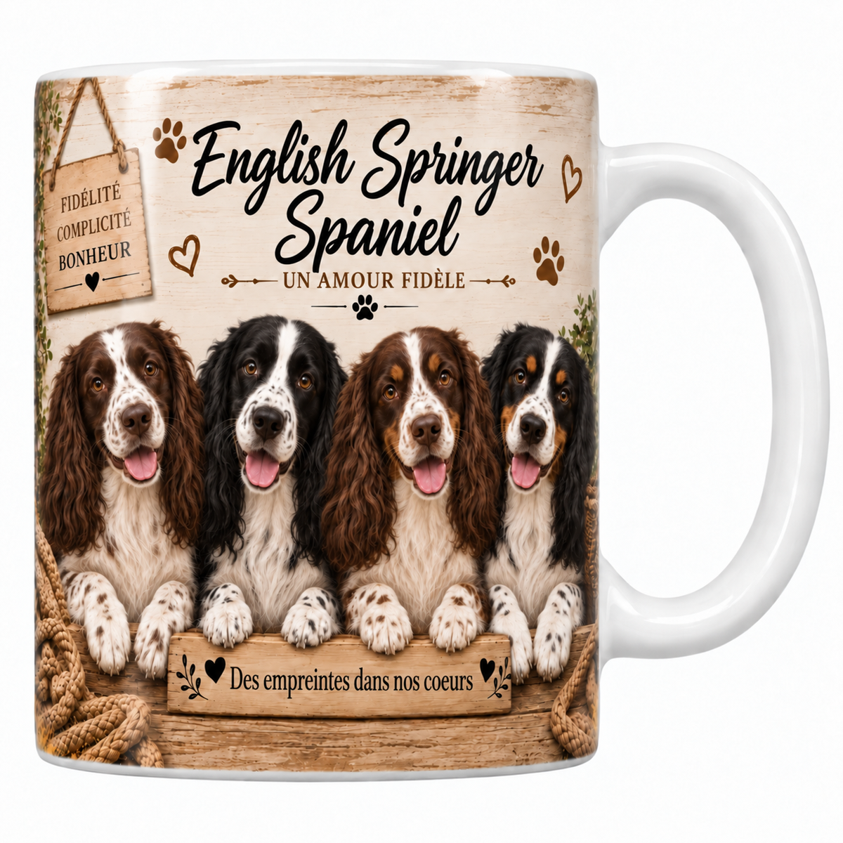 Mug blanc English springer spaniel aquarelle : quatre chiens blanc et foie aux longues oreilles frangées derrière une planche de bois gravée, pancarte Fidélité Complicité Bonheur et panier d'osier