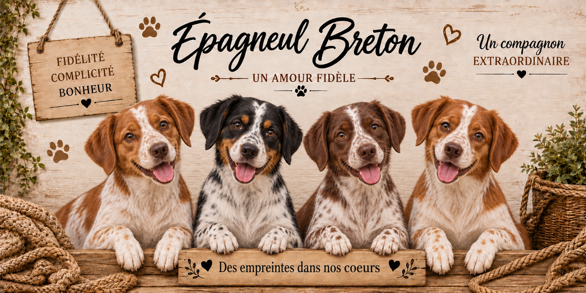 Illustration aquarelle Épagneul breton : quatre chiens à robe blanc et orange, oreilles courtes attachées haut et silhouette compacte, alignés derrière une planche de bois gravée Des empreintes dans nos coeurs, une pancarte suspendue à une corde portant Fidélité Complicité Bonheur, le nom de la race en cursive noire, des empreintes et des coeurs bruns, un plaid tressé et du feuillage sur fond de bois clair