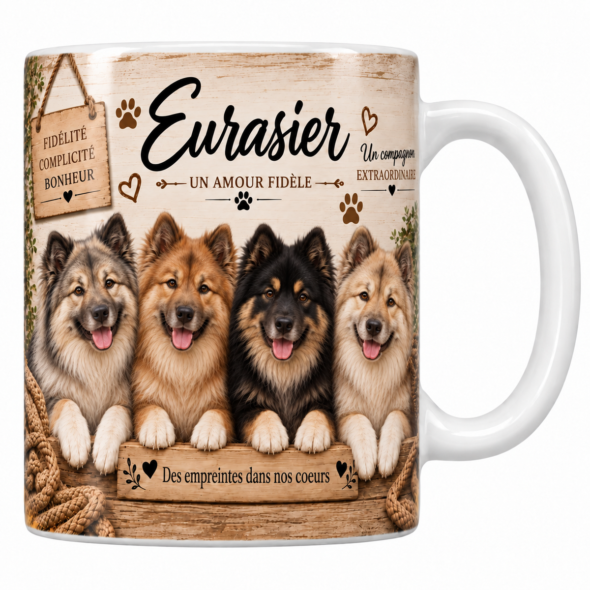 Mug blanc Eurasier aquarelle : quatre chiens à fourrure épaisse fauve, grise et noire aux oreilles dressées derrière une planche de bois gravée, pancarte Fidélité Complicité Bonheur et panier d'osier