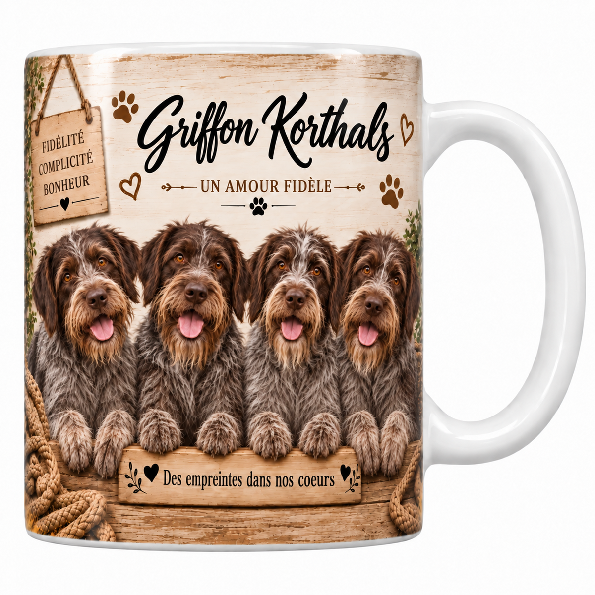 Mug blanc Griffon Korthals aquarelle : quatre chiens au poil dur ébouriffé gris acier et marron, moustaches et sourcils fournis, derrière une planche de bois gravée, pancarte Fidélité Complicité Bonheur