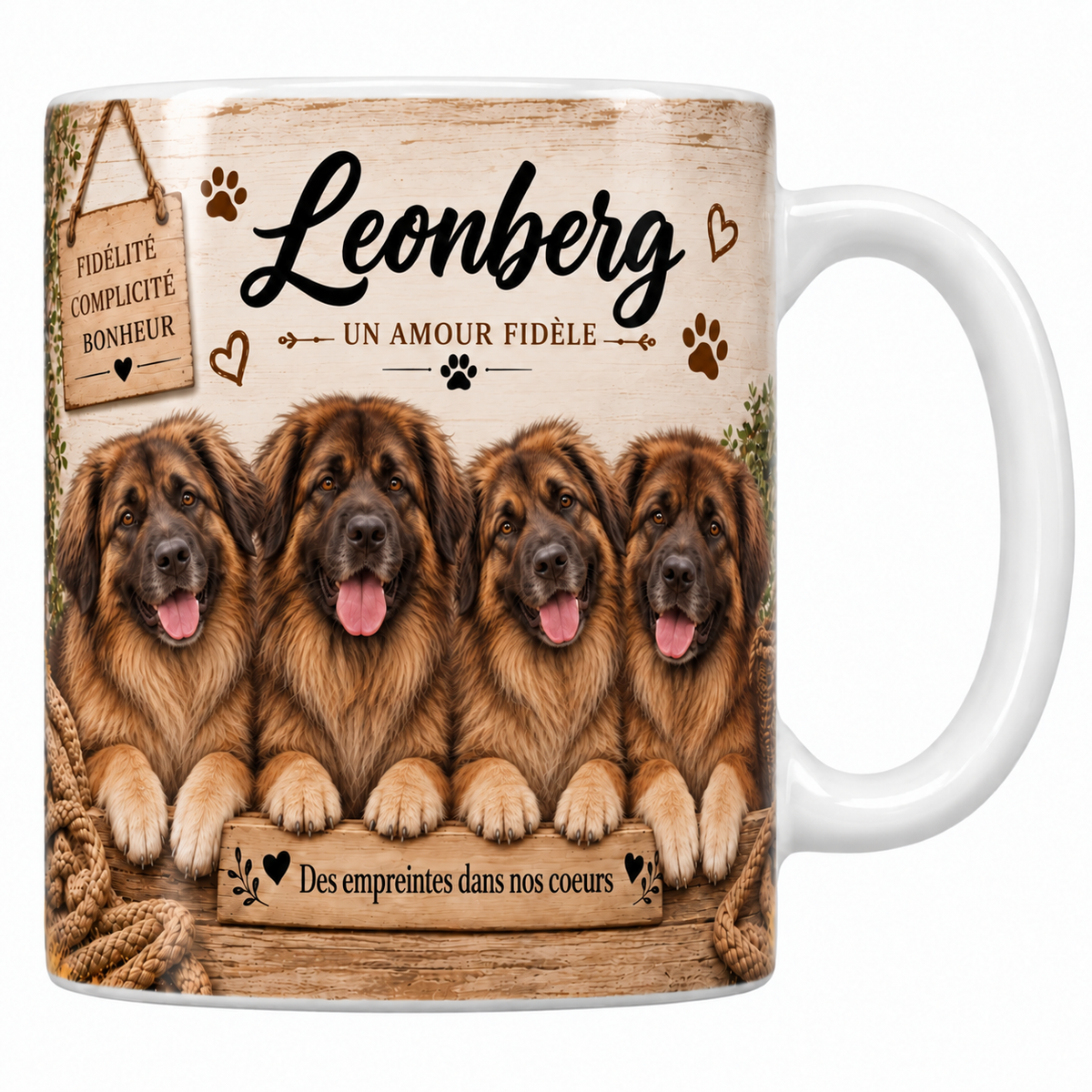 Mug blanc Leonberg aquarelle : quatre chiens fauves à masque noir et crinière épaisse derrière une planche de bois gravée, pancarte Fidélité Complicité Bonheur et panier d'osier