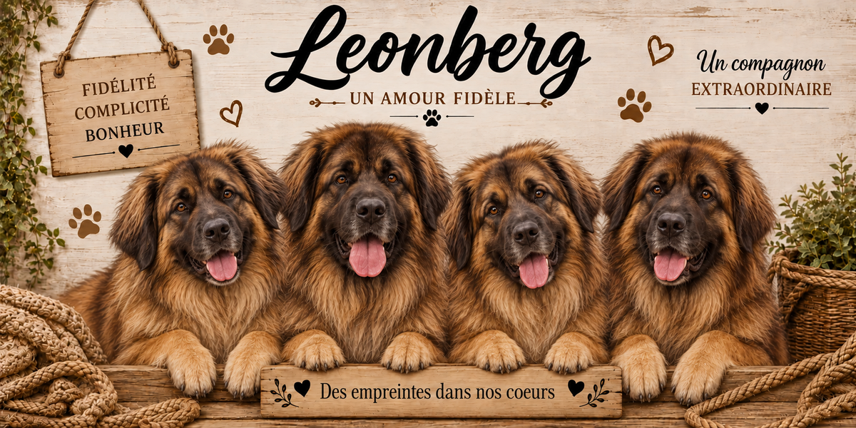 Illustration aquarelle Leonberg : quatre chiens à fourrure fauve et masque noir, crinière épaisse autour du cou et oreilles tombantes, alignés derrière une planche de bois gravée Des empreintes dans nos coeurs, une pancarte suspendue à une corde portant Fidélité Complicité Bonheur, le nom de la race en cursive noire, des empreintes et des coeurs bruns, un plaid tressé, un panier d'osier et du feuillage sur fond de bois clair