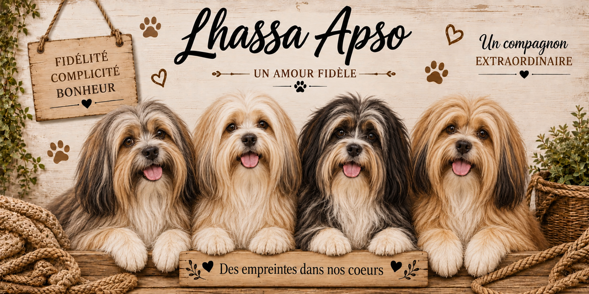 Illustration aquarelle Lhassa apso : quatre petits chiens au long poil droit doré, crème et gris tombant jusqu'au sol, museaux sombres sous la frange, alignés derrière une planche de bois gravée Des empreintes dans nos coeurs, une pancarte suspendue à une corde portant Fidélité Complicité Bonheur, le nom de la race en cursive noire, des empreintes et des coeurs bruns, un plaid tressé et du feuillage sur fond de bois clair