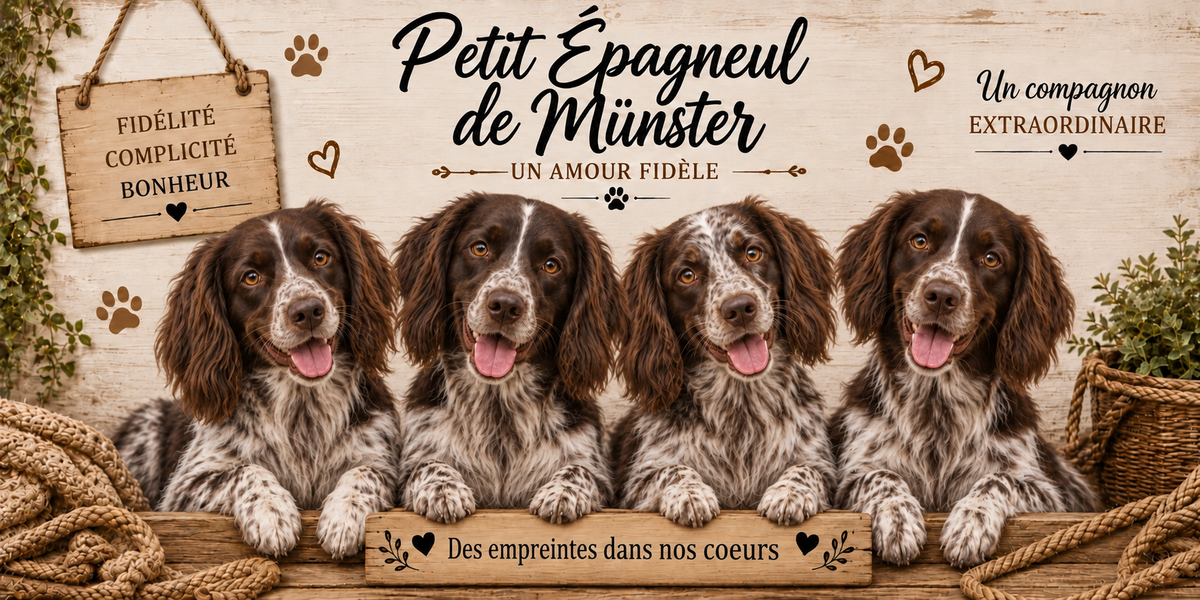 Illustration aquarelle Petit épagneul de Münster : quatre chiens à robe blanc et brun truitée, oreilles frangées tombantes et regard doux, alignés derrière une planche de bois gravée Des empreintes dans nos coeurs, une pancarte suspendue à une corde portant Fidélité Complicité Bonheur, le nom de la race en cursive noire, des empreintes et des coeurs bruns, un plaid tressé, un panier d'osier et du feuillage sur fond de bois clair