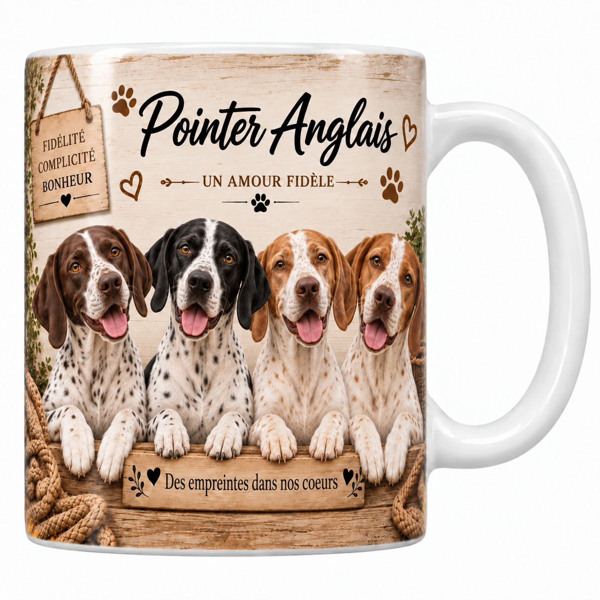 Mug blanc Pointer anglais aquarelle : quatre chiens blancs tachetés de citron et de foie au museau carré derrière une planche de bois gravée, pancarte Fidélité Complicité Bonheur et plaid tressé