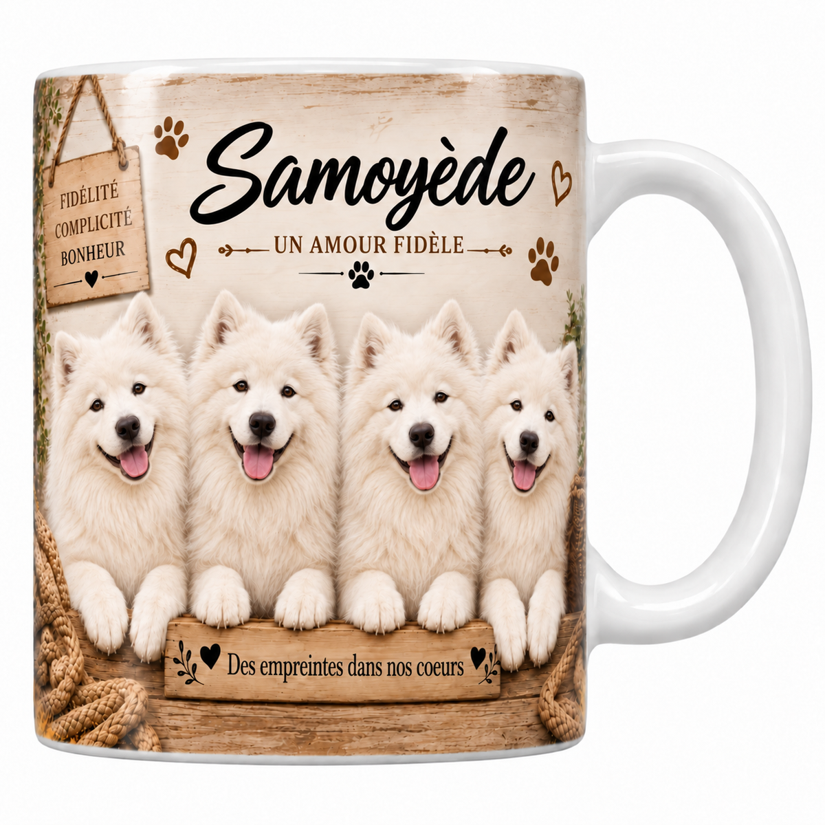 Mug blanc Samoyède aquarelle : quatre chiens à la fourrure blanche immaculée et aux commissures relevées derrière une planche de bois gravée, pancarte Fidélité Complicité Bonheur et panier d'osier