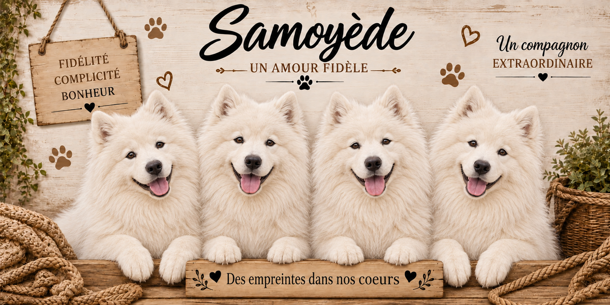 Illustration aquarelle Samoyède : quatre chiens à la fourrure blanche immaculée et très fournie, oreilles dressées triangulaires, commissures relevées en sourire et queue enroulée, alignés derrière une planche de bois gravée Des empreintes dans nos coeurs, une pancarte suspendue à une corde portant Fidélité Complicité Bonheur, le nom de la race en cursive noire, des empreintes et des coeurs bruns, un plaid tressé, un panier d'osier et du feuillage sur fond de bois clair