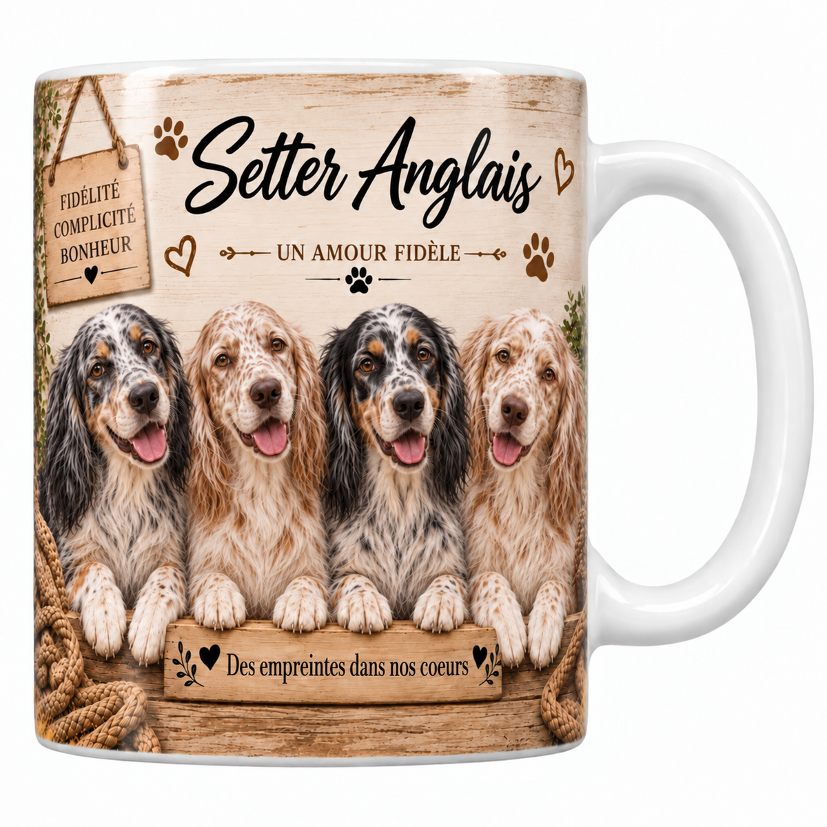 Mug blanc Setter anglais aquarelle : quatre chiens blancs mouchetés de noir et d'orange aux longues franges derrière une planche de bois gravée, pancarte Fidélité Complicité Bonheur et plaid tressé