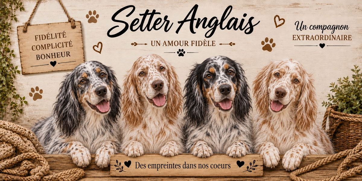 Illustration aquarelle Setter anglais : quatre chiens à robe blanche mouchetée de noir et d'orange, longues franges aux pattes et à la queue, oreilles basses frangées, alignés derrière une planche de bois gravée Des empreintes dans nos coeurs, une pancarte suspendue à une corde portant Fidélité Complicité Bonheur, le nom de la race en cursive noire, des empreintes et des coeurs bruns, un plaid tressé et du feuillage sur fond de bois clair