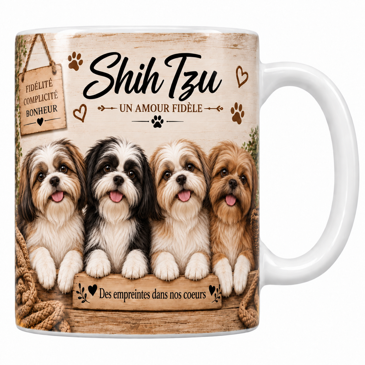 Mug blanc Shih tzu aquarelle : quatre petits chiens au long poil doré, blanc et gris et aux grands yeux ronds derrière une planche de bois gravée, pancarte Fidélité Complicité Bonheur