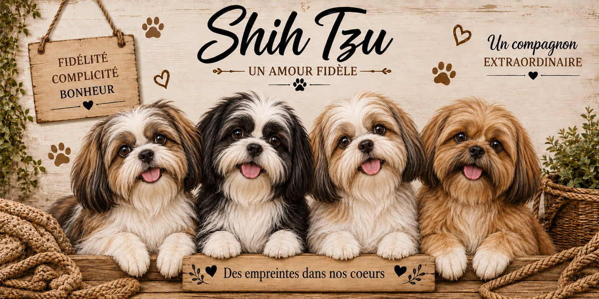 Illustration aquarelle Shih tzu : quatre petits chiens au long poil doré, blanc et gris, museau court, grands yeux ronds sombres et frange retombant sur le front, alignés derrière une planche de bois gravée Des empreintes dans nos coeurs, une pancarte suspendue à une corde portant Fidélité Complicité Bonheur, le nom de la race en cursive noire, des empreintes et des coeurs bruns, un plaid tressé, un panier d'osier et du feuillage sur fond de bois clair
