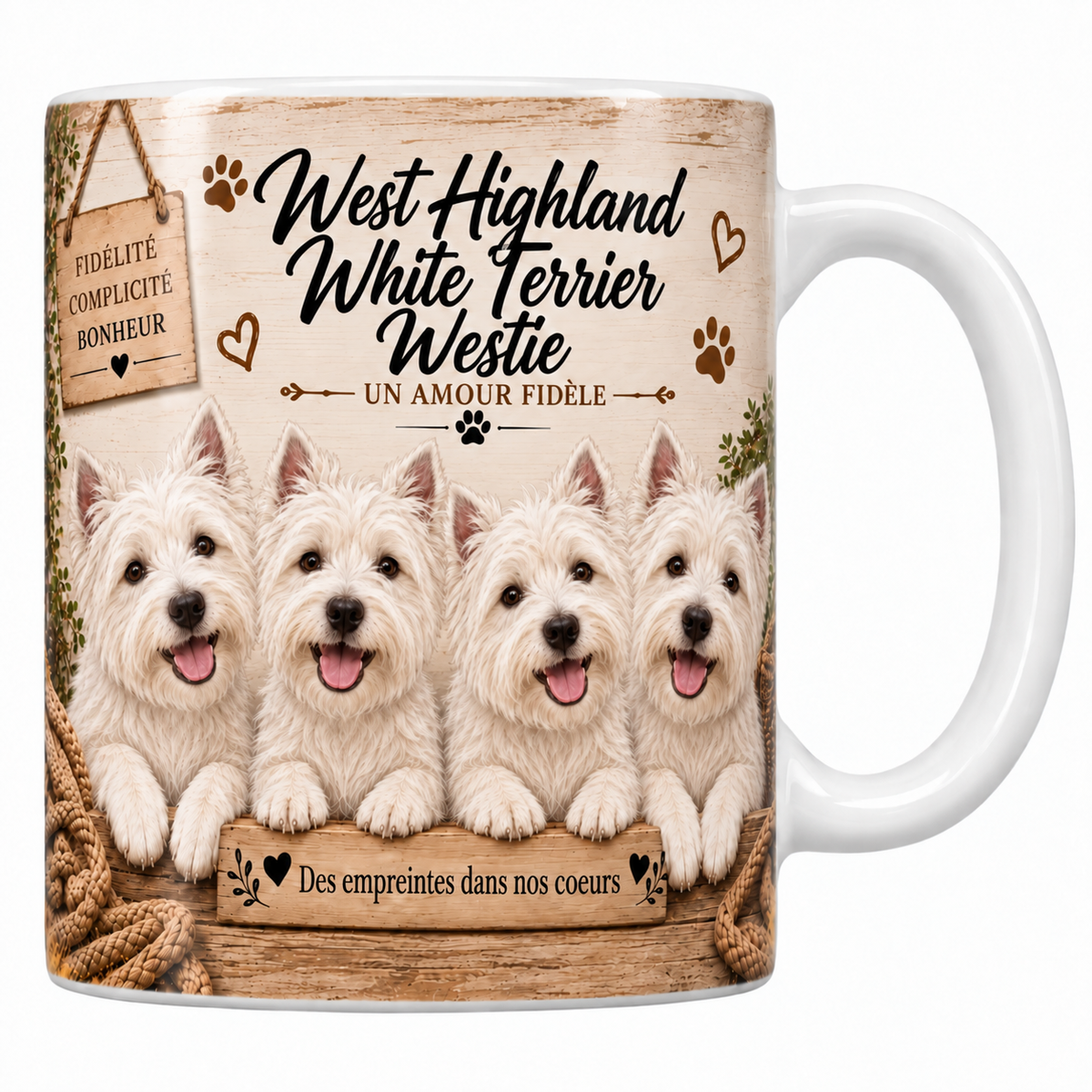 Mug blanc Westie aquarelle : quatre petits chiens au poil blanc dur et ébouriffé aux oreilles pointues derrière une planche de bois gravée, pancarte Fidélité Complicité Bonheur et panier d'osier